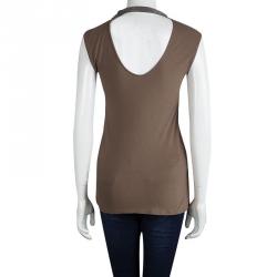 Pre Owned Brunello Cucinelli Brown Jersey Embellished Neck Detail Sleeveless Top S