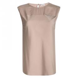 Pre Owned Brunello Cucinelli Beige Silk Bead Detail Sleeveless Top L