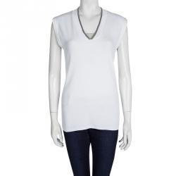 Pre Owned Brunello Cucinelli White Rib Knit Beaded Neckline Detail Sleeveless Top 3XL