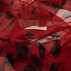 Pre Owned Burberry Military Red Animal Print Silk Scarf