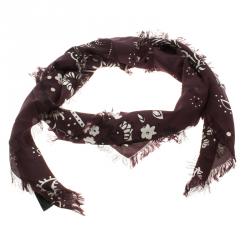 Pre Owned Burberry Prorsum Burgundy Elderberry Floral Printed Silk Square Fringe Scarf