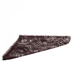 Pre Owned Burberry Prorsum Burgundy Elderberry Floral Printed Silk Square Fringe Scarf