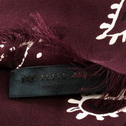 Pre Owned Burberry Prorsum Burgundy Elderberry Floral Printed Silk Square Fringe Scarf