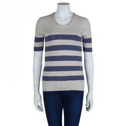 Pre Owned Burberry Brit Beige and Blue Striped Short Sleeve Sweater S