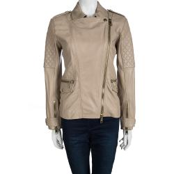 Pre Owned Burberry Brit Beige Lamb Leather Quilted Remmington Biker Jacket M