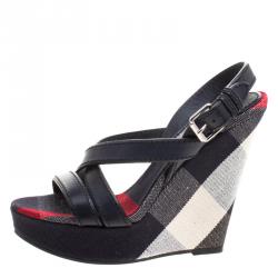 Burberry Blue Leather and Check Canvas Warlow Platform Wedge Sandals Size 40