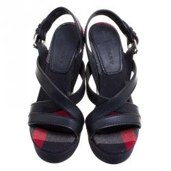 Burberry Blue Leather and Check Canvas Warlow Platform Wedge Sandals Size 40