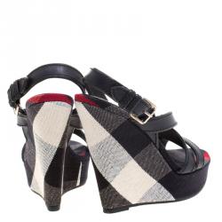 Burberry Blue Leather and Check Canvas Warlow Platform Wedge Sandals Size 40