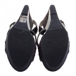 Burberry Blue Leather and Check Canvas Warlow Platform Wedge Sandals Size 40