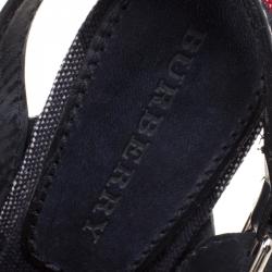 Burberry Blue Leather and Check Canvas Warlow Platform Wedge Sandals Size 40