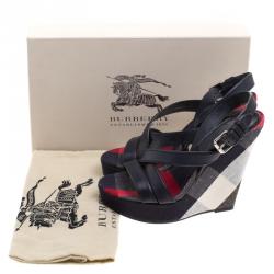 Burberry Blue Leather and Check Canvas Warlow Platform Wedge Sandals Size 40