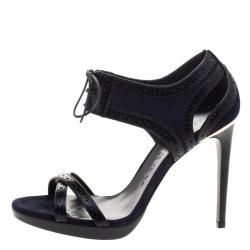 Pre Owned Burberry Navy Blue Suede and Black Brogue Leather Gauld Lace Up Sandals Size 38.5