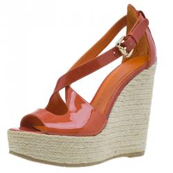 Pre Owned Burberry Orange Patent Leather Abbott Espadrille Wedges Size 36.5 
