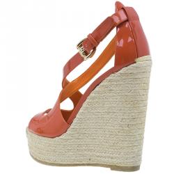 Pre Owned Burberry Orange Patent Leather Abbott Espadrille Wedges Size 36.5 