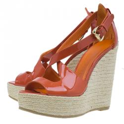 Pre Owned Burberry Orange Patent Leather Abbott Espadrille Wedges Size 36.5 