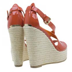 Pre Owned Burberry Orange Patent Leather Abbott Espadrille Wedges Size 36.5 