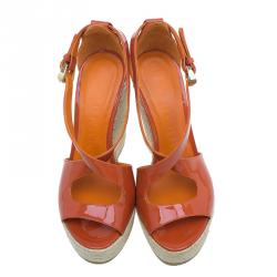 Pre Owned Burberry Orange Patent Leather Abbott Espadrille Wedges Size 36.5 