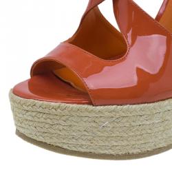 Pre Owned Burberry Orange Patent Leather Abbott Espadrille Wedges Size 36.5 