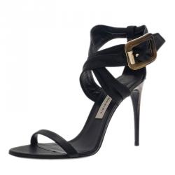 Pre Owned Burberry Black Leather Criss Cross Buckle Sandals Size 38.5