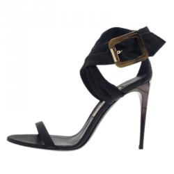 Pre Owned Burberry Black Leather Criss Cross Buckle Sandals Size 38.5