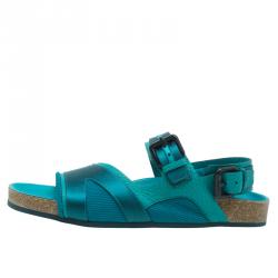 مملوكة مسبقًا Burberry Prorsum Turquoise Leather and Satin Field Sandals Size 38.5