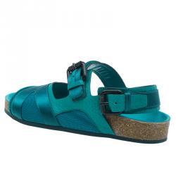 مملوكة مسبقًا Burberry Prorsum Turquoise Leather and Satin Field Sandals Size 38.5