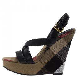 Burberry Beige Novacheck Canvas and Black Leather Warlow Platform Wedge Sandals Size 40