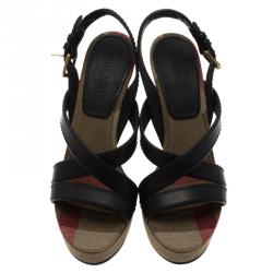 Burberry Beige Novacheck Canvas and Black Leather Warlow Platform Wedge Sandals Size 40
