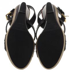 Burberry Beige Novacheck Canvas and Black Leather Warlow Platform Wedge Sandals Size 40