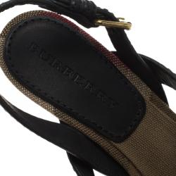 Burberry Beige Novacheck Canvas and Black Leather Warlow Platform Wedge Sandals Size 40
