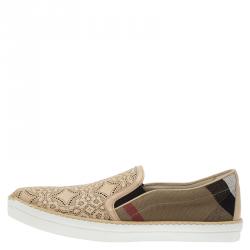 Pre Owned Burberry Beige Novacheck Canvas and Laser Cut Leather Gauden Slip On Sneakers Size 40