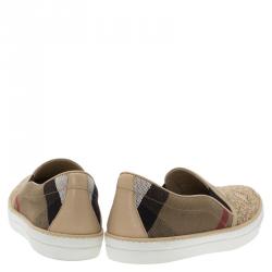 Pre Owned Burberry Beige Novacheck Canvas and Laser Cut Leather Gauden Slip On Sneakers Size 40
