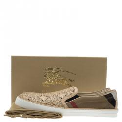 Pre Owned Burberry Beige Novacheck Canvas and Laser Cut Leather Gauden Slip On Sneakers Size 40