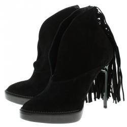 Pre Owned Burberry Prorsum Black Fringed Suede Nadie Ankle Boots Size 39