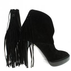 Pre Owned Burberry Prorsum Black Fringed Suede Nadie Ankle Boots Size 39