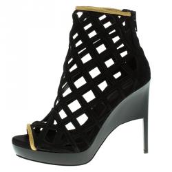 مملوكة مسبقًا Burberry Prorsum Black Suede and Gold Edenside Cage Wedge Ankle Boots Size 37