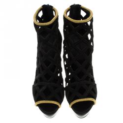 مملوكة مسبقًا Burberry Prorsum Black Suede and Gold Edenside Cage Wedge Ankle Boots Size 37