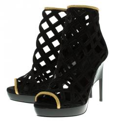 مملوكة مسبقًا Burberry Prorsum Black Suede and Gold Edenside Cage Wedge Ankle Boots Size 37