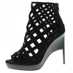 Pre Owned Burberry Prorsum Black Suede Edenside Cage Wedge Ankle Boots Size 39.5