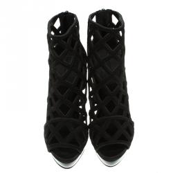 Pre Owned Burberry Prorsum Black Suede Edenside Cage Wedge Ankle Boots Size 39.5