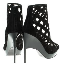 Pre Owned Burberry Prorsum Black Suede Edenside Cage Wedge Ankle Boots Size 39.5