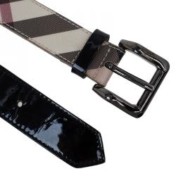 Pre Owned Burberry Black Patent and Novacheck Canvas Belt 100CM