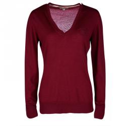 مملوكة مسبقًا Burberry London Maroon Merino Wool V-Neck Sweater M