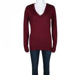 مملوكة مسبقًا Burberry London Maroon Merino Wool V-Neck Sweater M