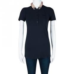 Pre Owned Burberry Brit Navy Blue Honeycomb Knit Novacheck Collar Detail Polo T-Shirt S