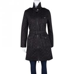 Pre Owned جاكيت بربري أسود نمط ماسي مبطن بسحاب أمامي وحزام طويل XL