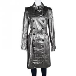 Pre Owned Burberry London Metallic Diamond Patterned Lambskin Belted Trench Coat M