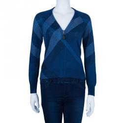 Pre Owned Burberry Blue Check Wool Cashmere Zip Front Cardigan M