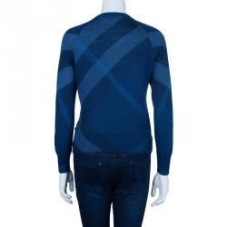 Pre Owned Burberry Blue Check Wool Cashmere Zip Front Cardigan M