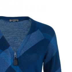 Pre Owned Burberry Blue Check Wool Cashmere Zip Front Cardigan M
